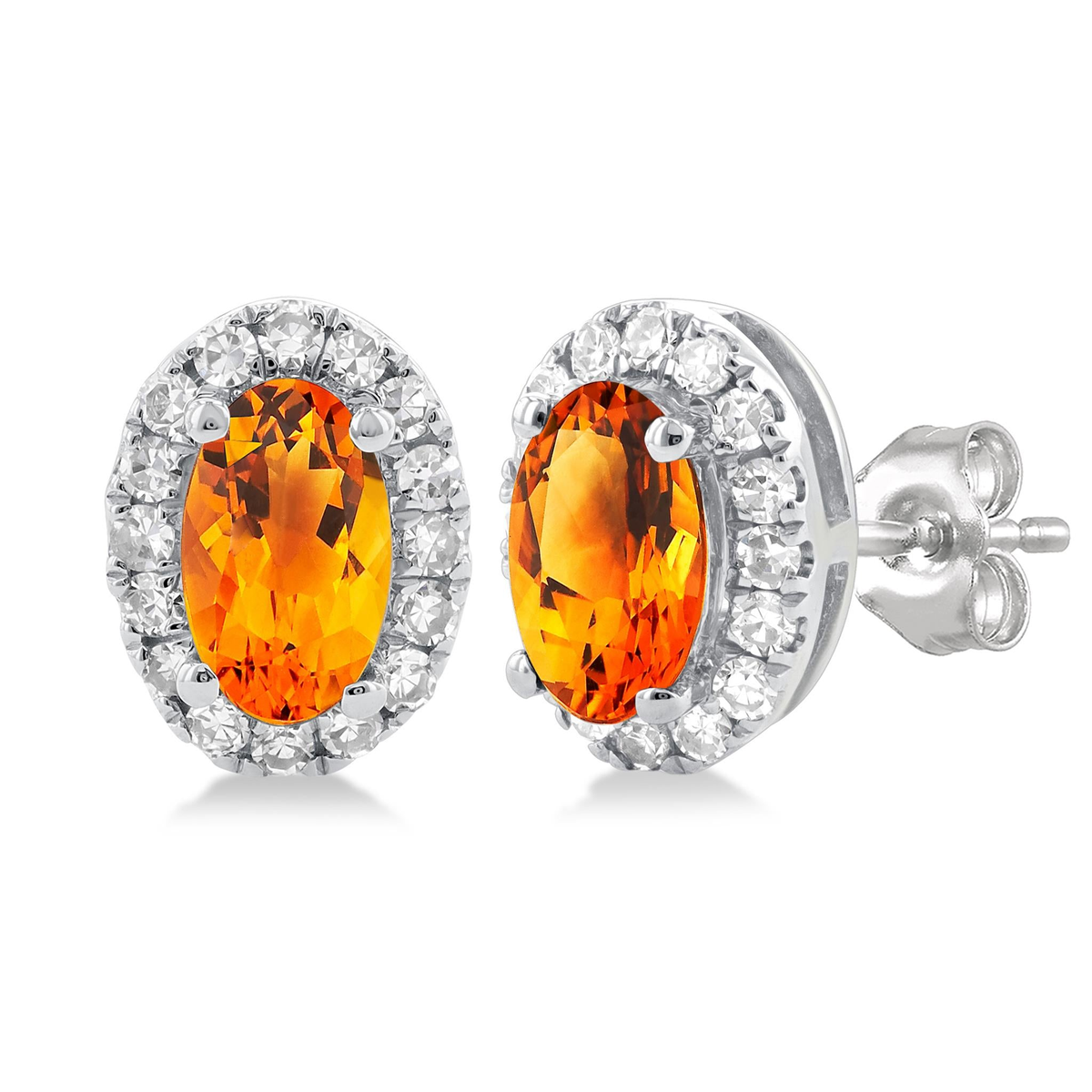 10Kt White Gold Oval Halo Stud Earrings with 5x3mm Citrine, 32.13cttw Natural Diamonds (Color I-J, Clarity I1), and Locking Friction Backs