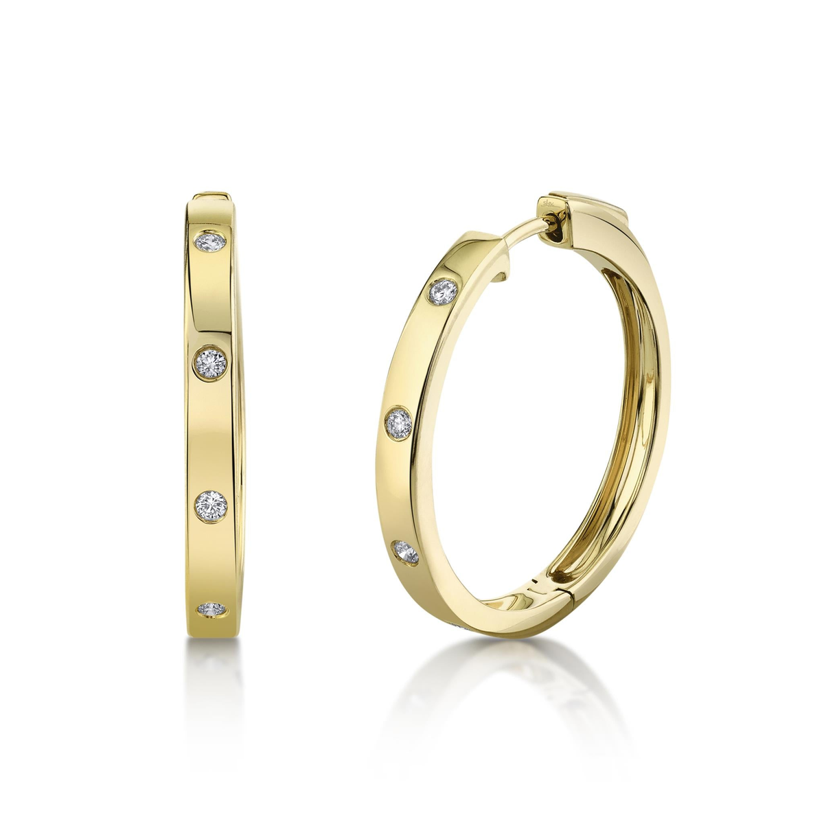 Shy Creation 14Kt Yellow Gold Round Hoop Earrings With Bezel Set Diamonds