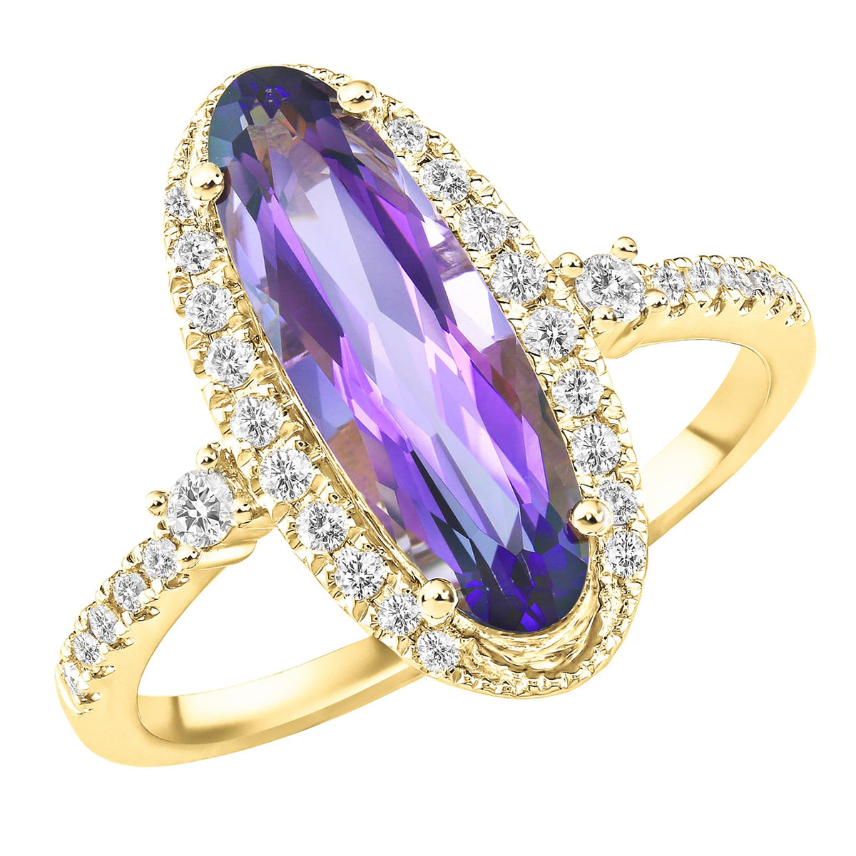 14Kt Yellow Gold Halo Ring With 2.07ct Elongated Oval  Amethyst