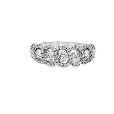 14Kt White Gold Band with 7 Natural Prong Set Natural Diamonds and Halo Accent Natural Diamonds