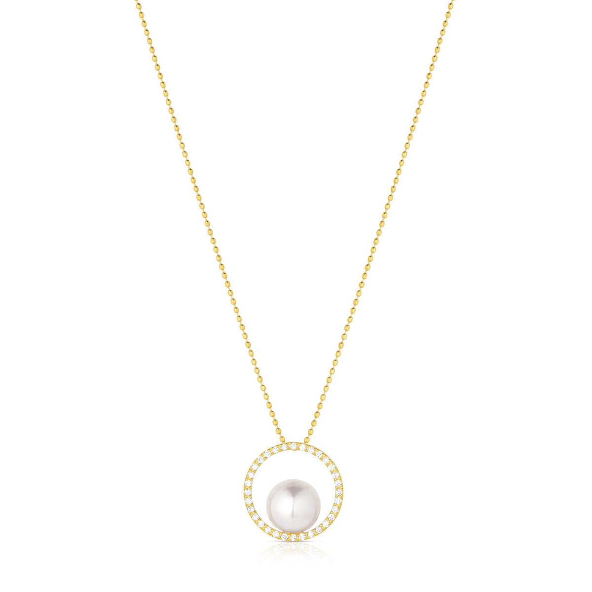 18Kt Yellow Gold Circle Pendant with 7.5-8mm Akoya Cultured Pearl and Natural Diamonds