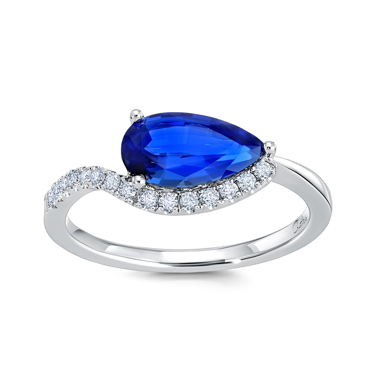 14Kt White Gold Pear Shape Chatham Lab-Created Sapphire Ring with Lab-Grown Diamonds