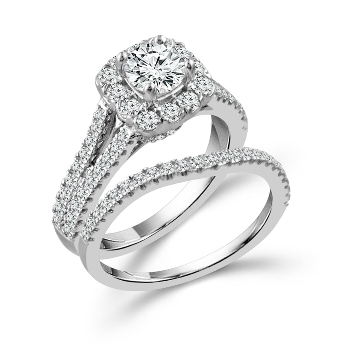 14Kt White Gold Split-Shank Halo Engagement Ring Set