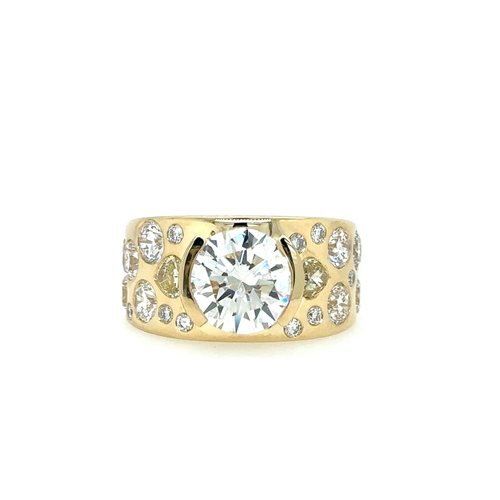 Custom Design:18kt Yellow Gold 11mm Wide Band with Half Bezel Set 3.02ct Round Center (H/VS2)  and Flush Set Diamonds 2.37cttw Heart Shaped Yellow Diamonds, 242.51cttw Round White Diamonds