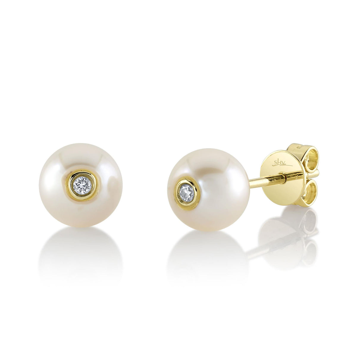 Shy Creation Gold Cultured Pearl Diamond Stud Earrings