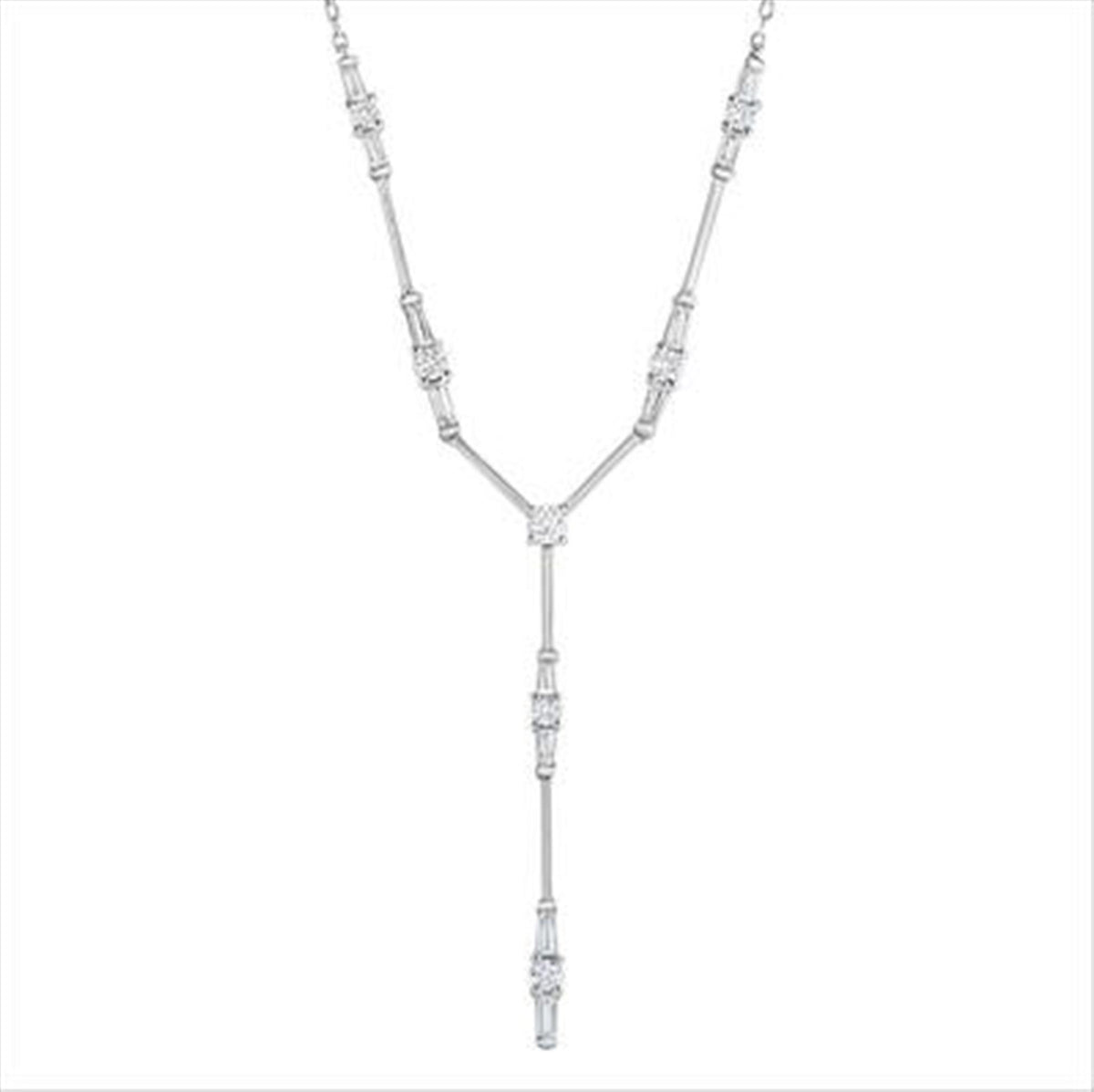 18Kt White Gold Y Necklace with Alternating Baguette and Round Stations on an 16-18" Adjustable Chain