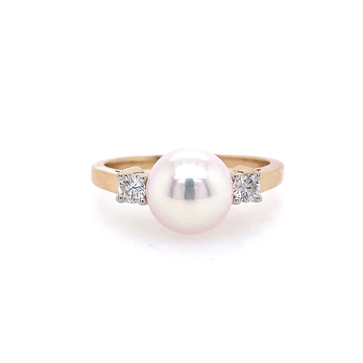 14Kt Yellow Gold 3 Stone Ring With mm Akoya Cultured Pearl