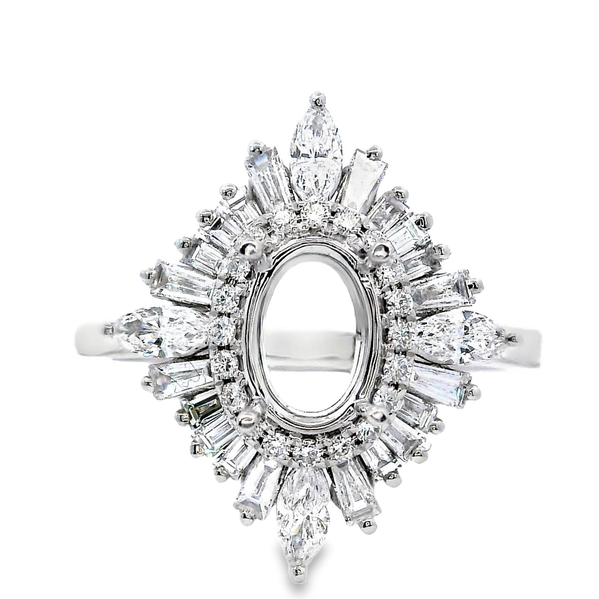 18Kt White Gold Ballerina Ring Mounting with .71cttw Natural Marquise, Baguette, and Round Diamnds