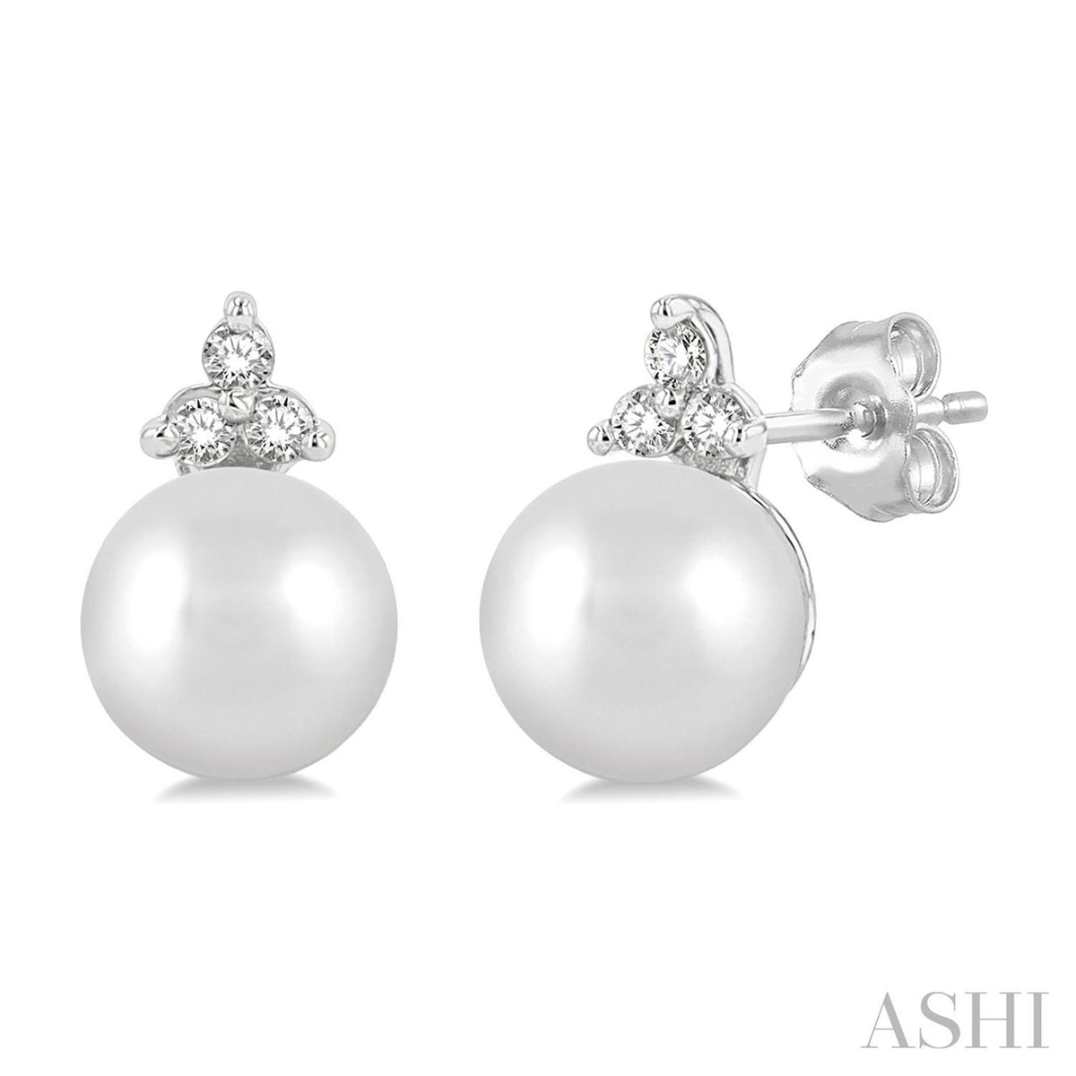 10Kt White Gold Classic Stud Earrings With 5.5mm Akoya Cultured Pearl and Diamonds