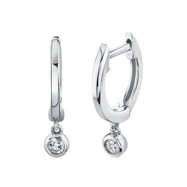 Shy Creation 14K White Gold with Bezel Set 0.07ctw Diamond Dangle Huggie Hoop Earrings