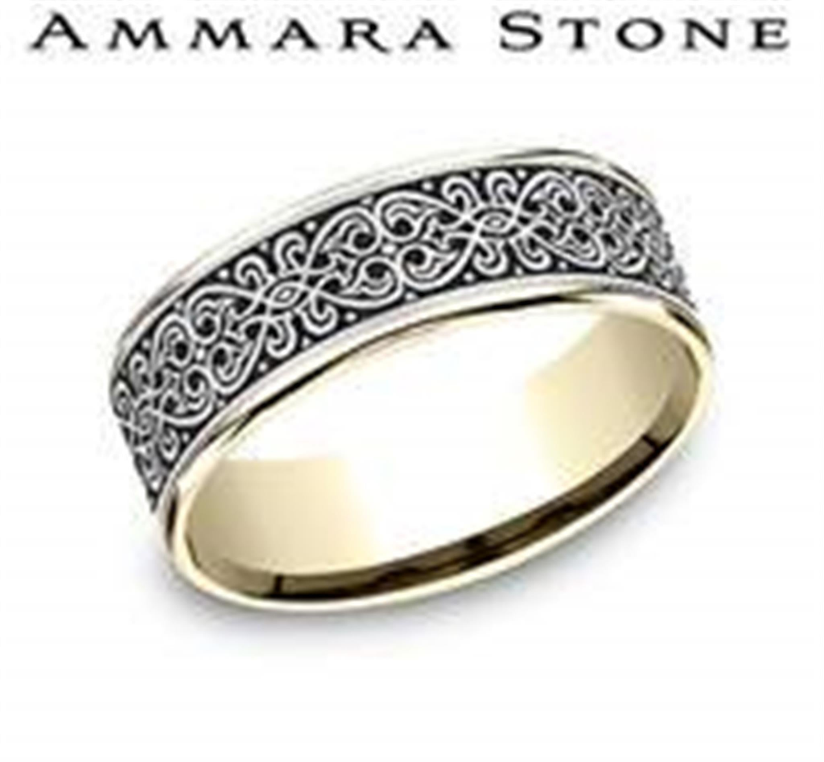 Ammara Stone 7.5mm Grey and Black Tantalum Band with Ottoman Knot Pattern and 14Kt Yellow Gold Edges