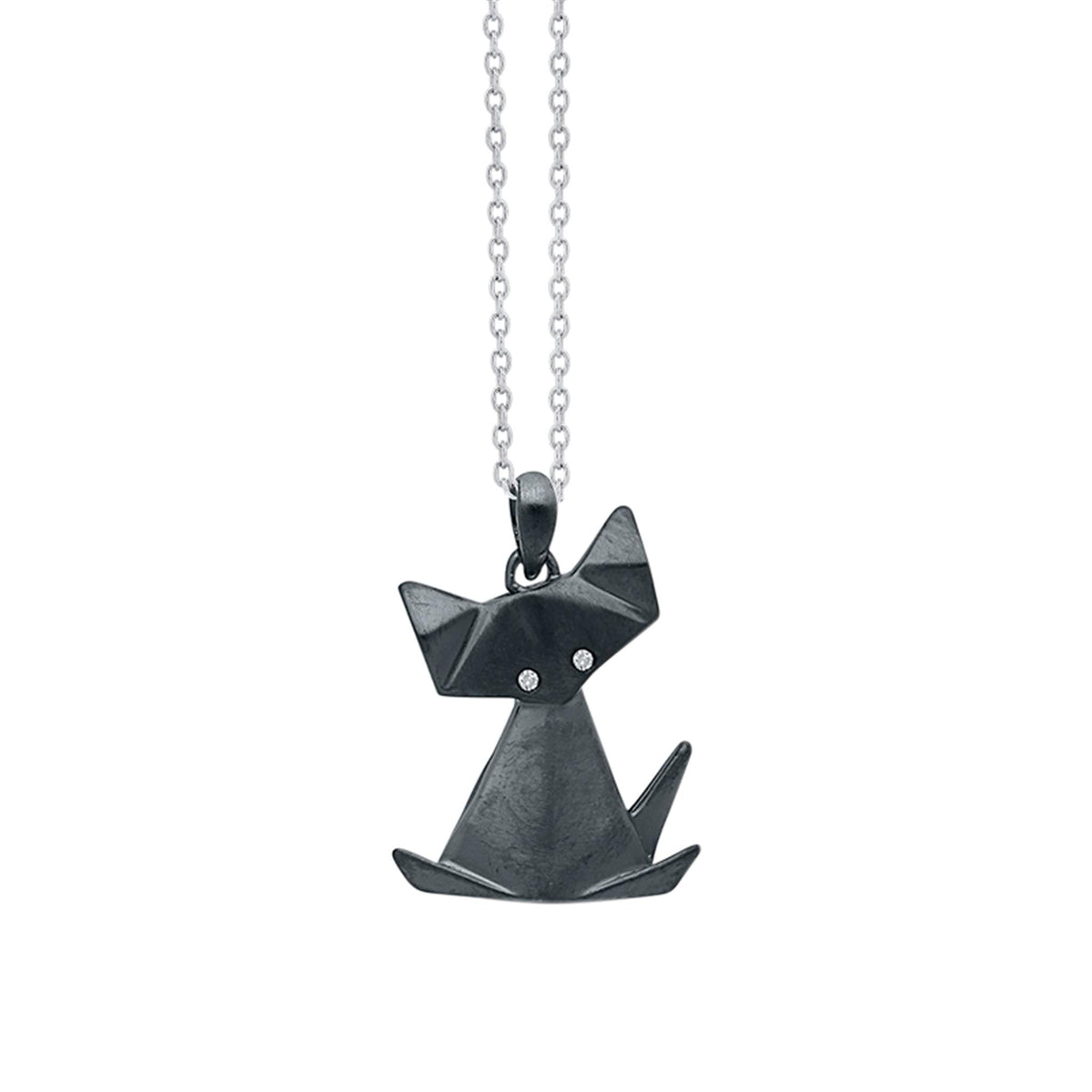 Sterling Silver Origami Cat Mini Pendant with Black Rhodium & Diamond Eyes