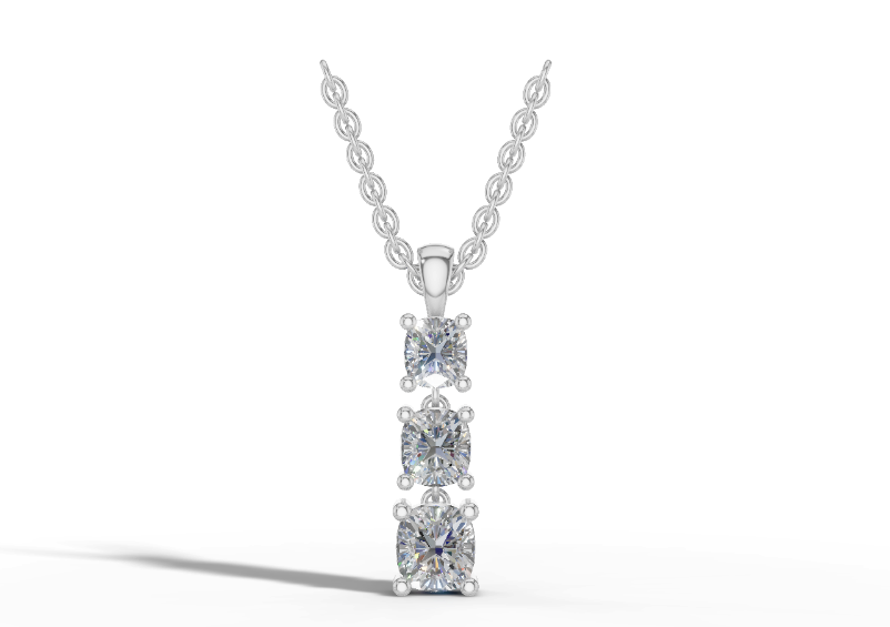 14Kt White Gold 3-Stone Pendant With 2.27cttw Cushion Natural Diamonds