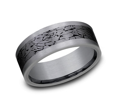 Tantalum & Black Titanium Width 8mm. Band with Fractured Rock Pattern Center and Straight Edges.