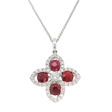 18K White Gold Flower Pendant with Natural Rubies and Diamonds
